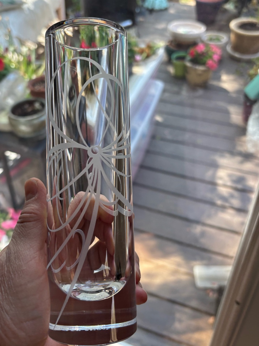 Kate Spade Belle Boulevard Lead Crystal Bud Vase with Etched Ribbon Design 7.5”